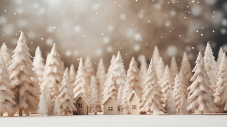 Festive Winter Village with Snowy Christmas Treesの写真素材