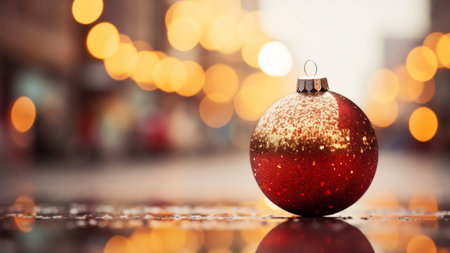 Festive Christmas Ball with City Lightsの写真素材