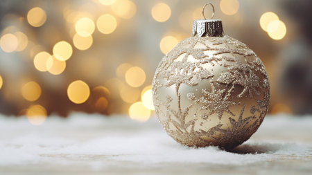 Golden Ornament in Snow with Blurred Lightsの写真素材