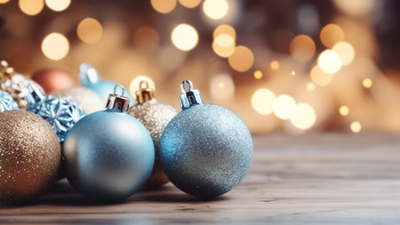 Frosty Christmas Balls with Sparkling Lightsの写真素材