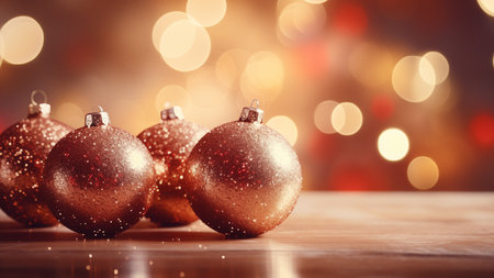 Festive Red Christmas Ornaments and Bokeh Lightの写真素材