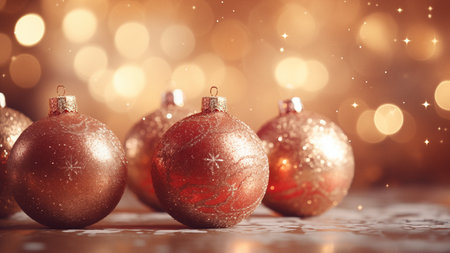 Golden Christmas Baubles and Warm Glowing Lightsの写真素材