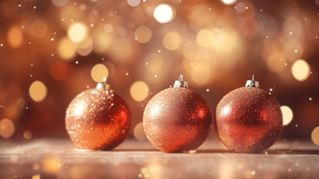 Festive Red Christmas Ornaments and Bokeh Lightの写真素材