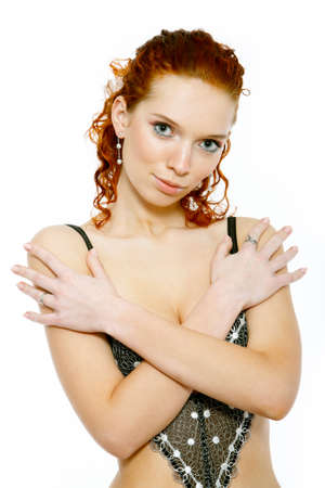sexy underwear model with red curly hairの写真素材
