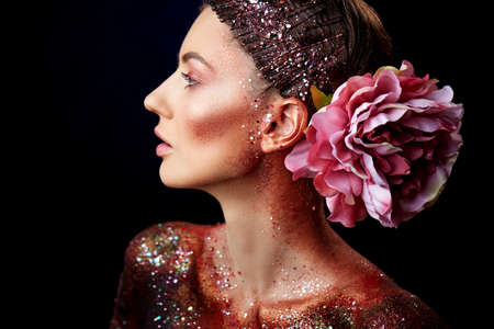 Close up of a beauty body art portrait of a fashion model