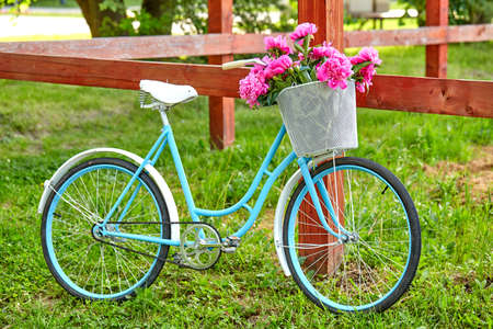 bicycle with flowers in a basketの写真素材
