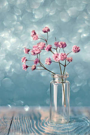 bouquet of flowers in glass vase on blue backgroundの写真素材