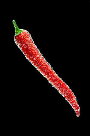 two pods of red chili peppers in water. Hot Peppers and bubbles of water on a black background.の写真素材