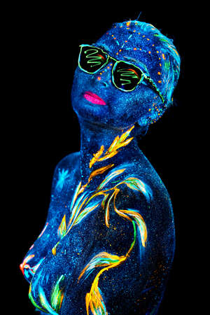 neon paint creative glowing UV portraitの写真素材