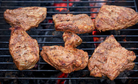 Chiken barbeque on a grill roasting open fire spring summer time outdoorsの写真素材