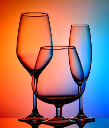 Still life with glass objects on a multicolored background on a colorful backgrounf