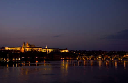 Prague during dusk with beautiful purple skyの写真素材