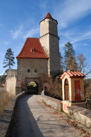 Medieval castle Zvikov in the Czech Republic with round tower, draw-bridge and blue skyの写真素材