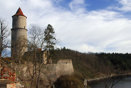 Medieval castle Zvikov in the Czech Republic with round tower and river の写真素材
