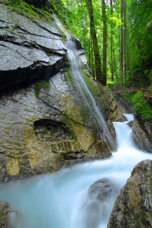 Beaitiful waterfall in the alpine forest and swift brookの写真素材