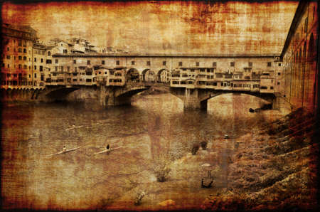 Memories of the oldest bridge in Florence Ponte Vecchio. Grunge style photo.の写真素材