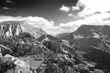 Mighty Alpine mountain range in Austria, black and white