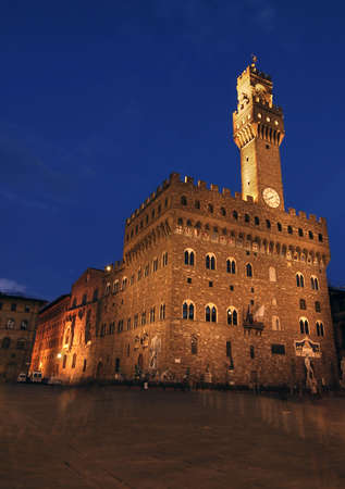 Palazzo vecchio on piazza della signora in Florence at night, Italyの写真素材