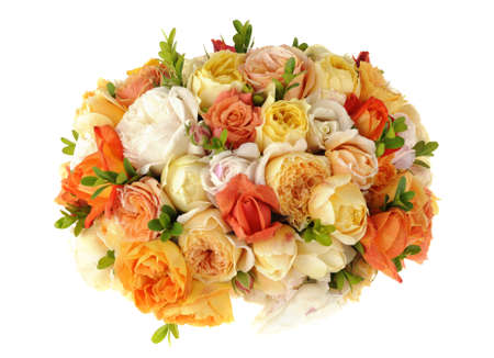 Beautiful ornamental bouquet of multicolored roses isolated on whiteの写真素材