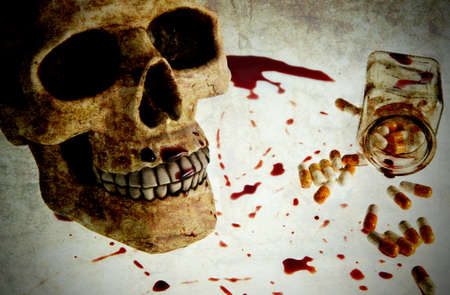 Grungy bloody skull is laying next to the glass bottle with drugs