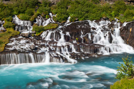 Hraunfossar is a very beautiful Icelandic waterfall in the west of the islandの写真素材