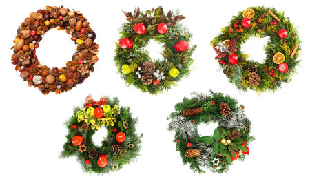 Set of beautiful christmas wreaths isolated on white backgroundの写真素材