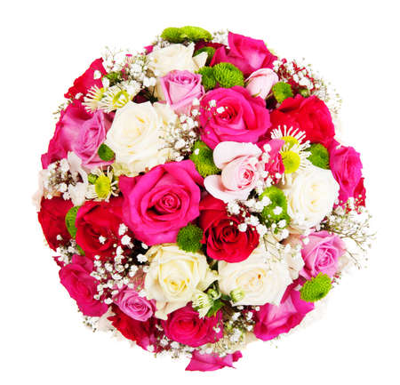 Beautiful ornamental wreath in the shape of sphere made of natural multicolored roses isolated on whiteの写真素材