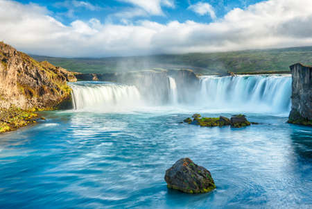 Godafoss is a very beautiful Icelandic waterfall. It is located on the North of the island not far from the lake Myvatn and the Ring Road. This photo is taken after the midnight sunset with a long exposureの写真素材