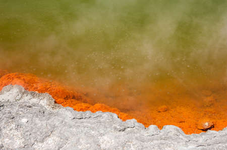 Detail of steaming spring with bubbles champagne pool in Wai-O-Tapu geothermal area, Rotorua, New Zealandの写真素材