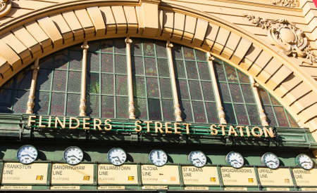 Flinders Street Station is a famous building from 1909 in Melbourne, Australia. Detail of the front gate with clocksのeditorial素材