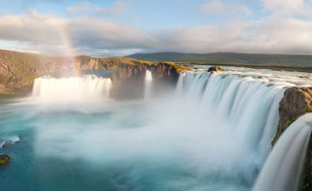 Godafoss is a very beautiful Icelandic waterfall. It is located on the North of the island not far from the lake Myvatn and the Ring Road. Panorama, long exposureの写真素材