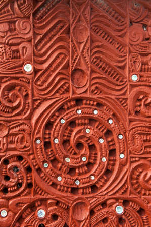Detail of an old beautiful maori carving, Rotorua, New Zealandの写真素材
