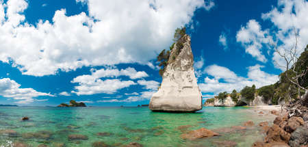 Beautiful Te Hoho Rock at Cathedral Cove Marine Reserve, Coromandel Peninsula, New Zealand. Panoramic photo, の写真素材
