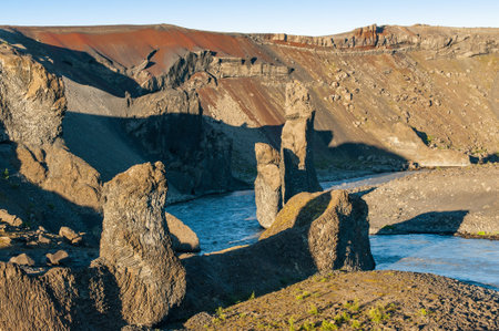 Karl og Kerling are two rock formations in Jokulsargljufur national park in Iceland. The rocks are according to the legends petrified trollsの写真素材