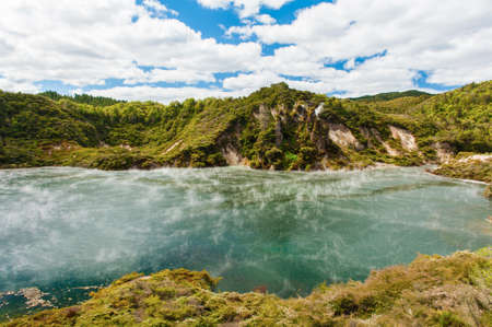 Frying pan lake is the largest hot water spring in the world. Rotorua, Waimangu geothermal area, New Zealandの写真素材