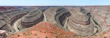 Goosenecks are a famous entrenched meanders on San Juan river. Goosenecks State Park, Utah - USA. Panoramic photoの写真素材