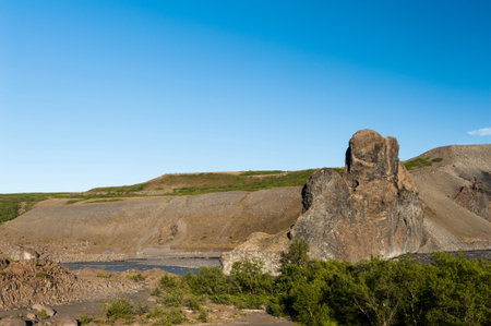 Beautiful rocks made of hexagonal basalt rosettes in Icelandic national park Jokulsargljufur, Hljodaklettar Areaの写真素材