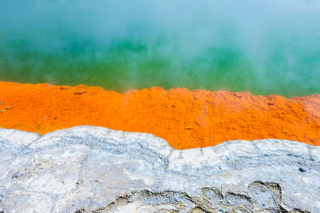 Unique steaming spring champagne pool in Wai-O-Tapu geothermal area, Rotorua, New Zealandの写真素材