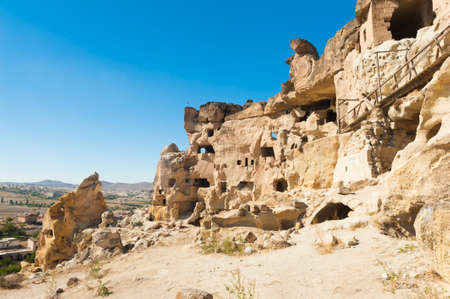Detail of the ancient castle of Cavusin dug from a mountains, Cappadocia, Turkeyのeditorial素材