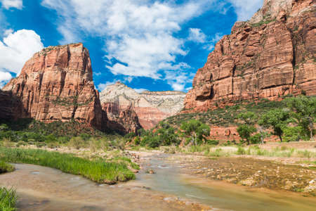 Clouds passing over the mountains and river Virgin beneath them in Zion National Park. Utah, United States of Americaの写真素材