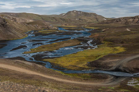 River crossing near Landmannalaugar, Icelandの写真素材