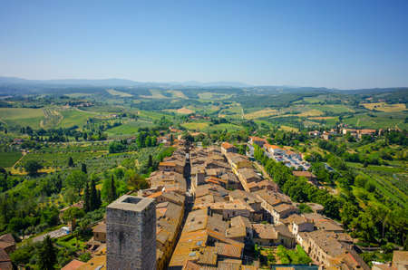 Aerial view of beautiful medieval town San Gimignano in Tuscany, Italyの写真素材