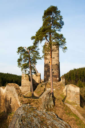 Beautiful medieval Czech castle Gutstejn located on the rock above the river in the Western Bohemiaの写真素材