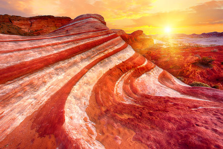 Amazing colors and shape of the Fire Wave rock in Valley of Fire State Park, Nevada, USAの写真素材