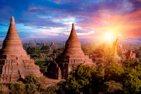 Beautiful sunrise over old pagodas of an ancient city of Bagan, Myanmarの写真素材