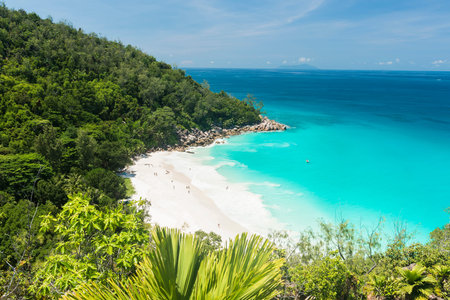 Beautiful and a famous beach Anse Georgette from above, Praslin island, Seychellesの写真素材