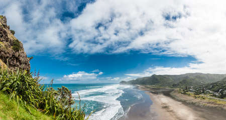Beautiful Piha beach near Auckland seen from the mighty Lion Rock, New Zealand