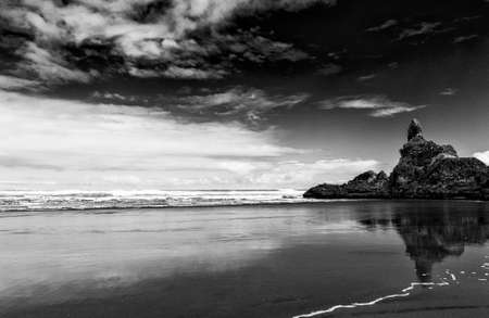 Reflection of rocks in the wet sand on the beautiful Piha beach near Auckland, New Zealand. Dramatic...