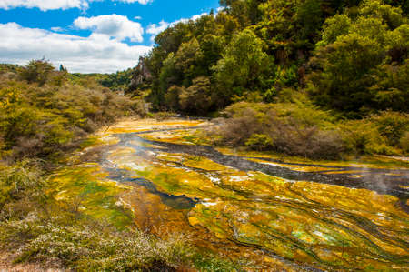 Steaming thermal river. Rotorua, Waimangu geothermal area, New Zealandの写真素材