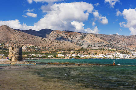 Old Windmills Poros Elounda at Spinalonga Peninsula near the town of Elounda, Island of Crete - Greeceの写真素材